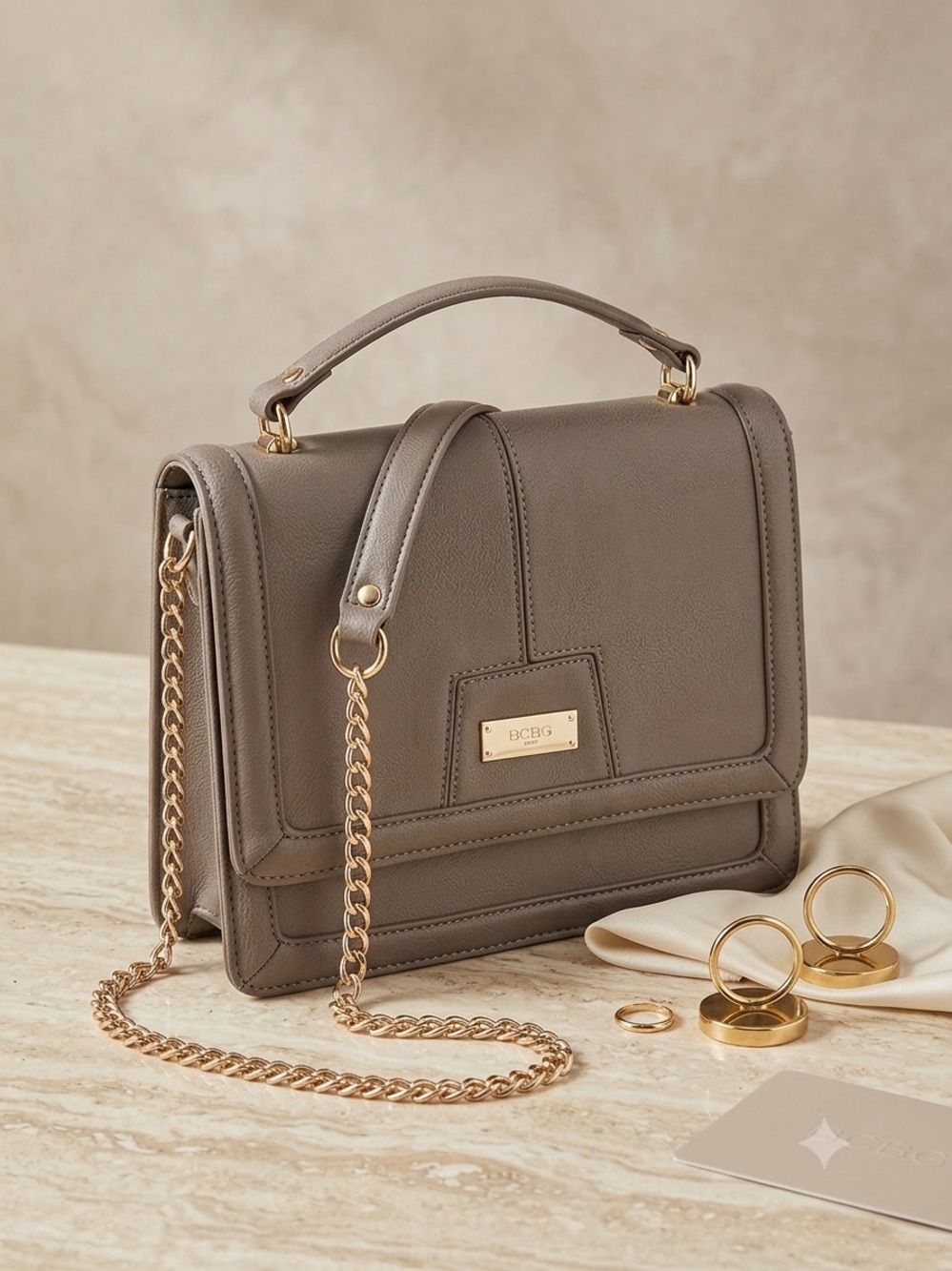 BCBG Paris Gray Leather Crossbody with Chain Strap - Picture 1 of 9